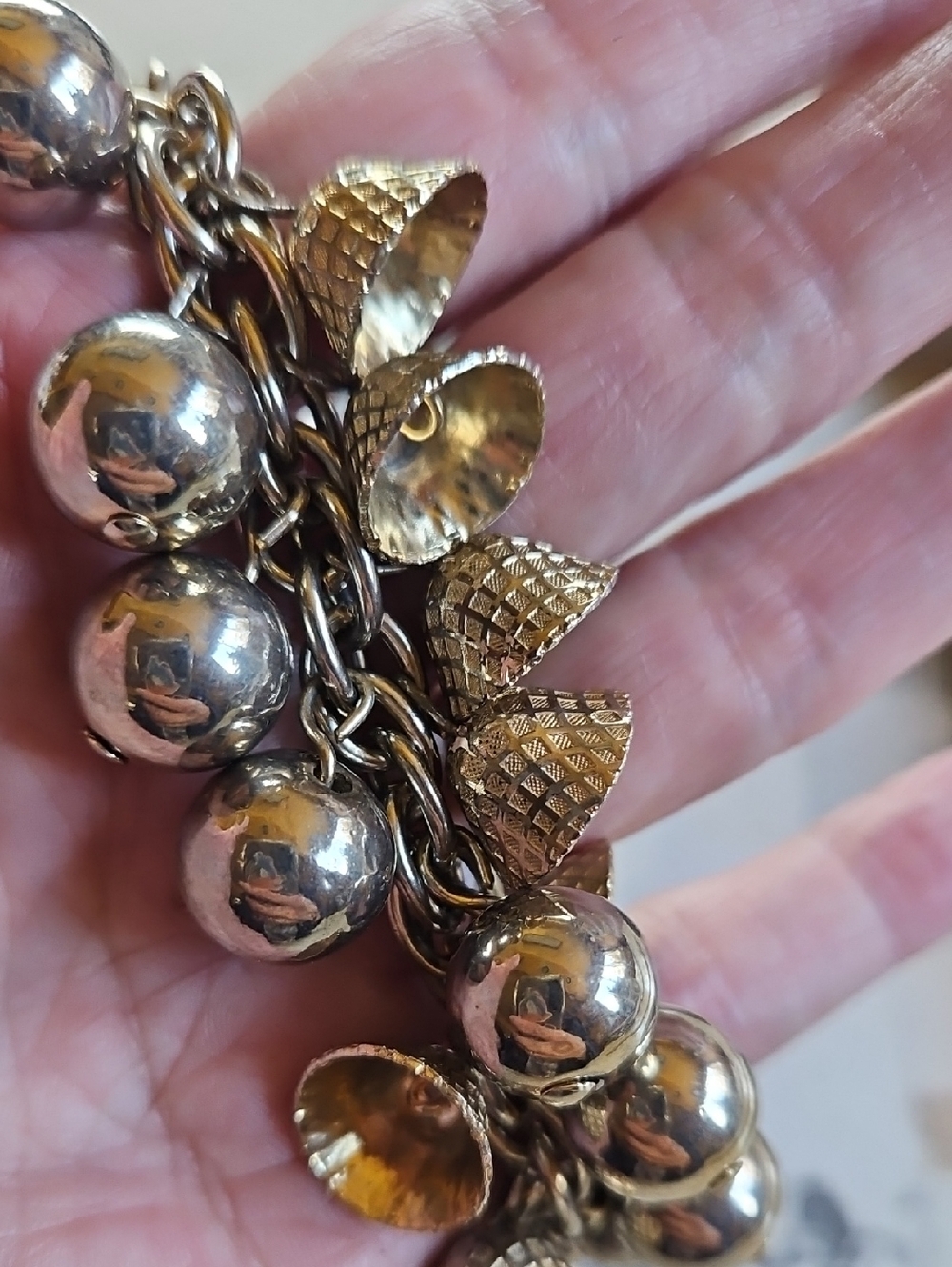 Chunky Gold-Tone Charm Bracelet with Textured Accents Balls, Bells Or Acorn Tops - Picture 4 of 5